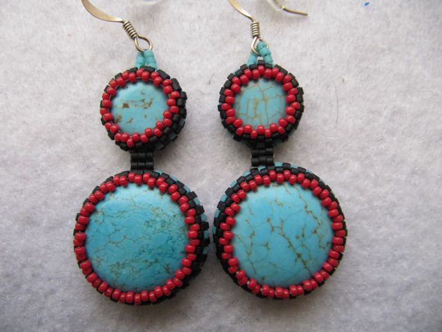 Double Turqoise Red & Black Netted Earrings